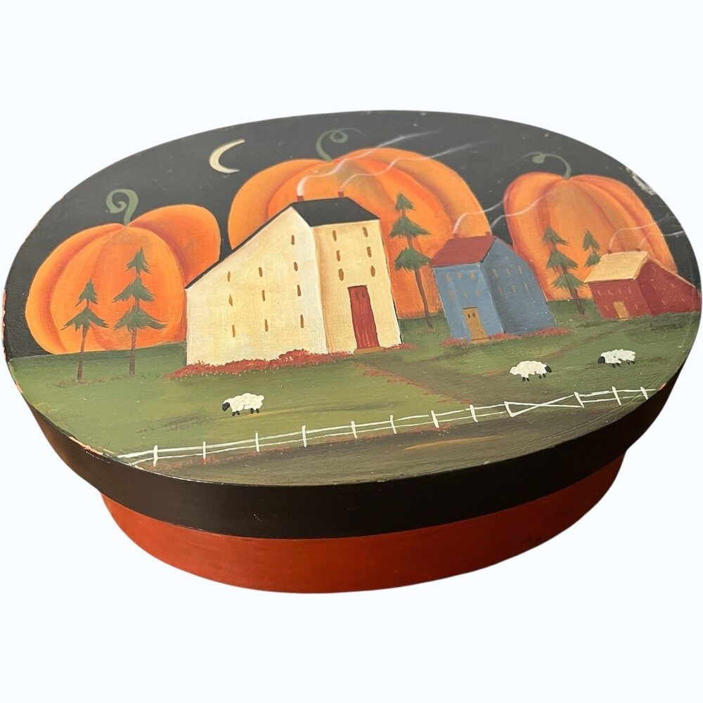 VTG Painted 8" Folk Art Oval Bent Wood Box Pumpkin Harvest Fall Prim Autumn Farm